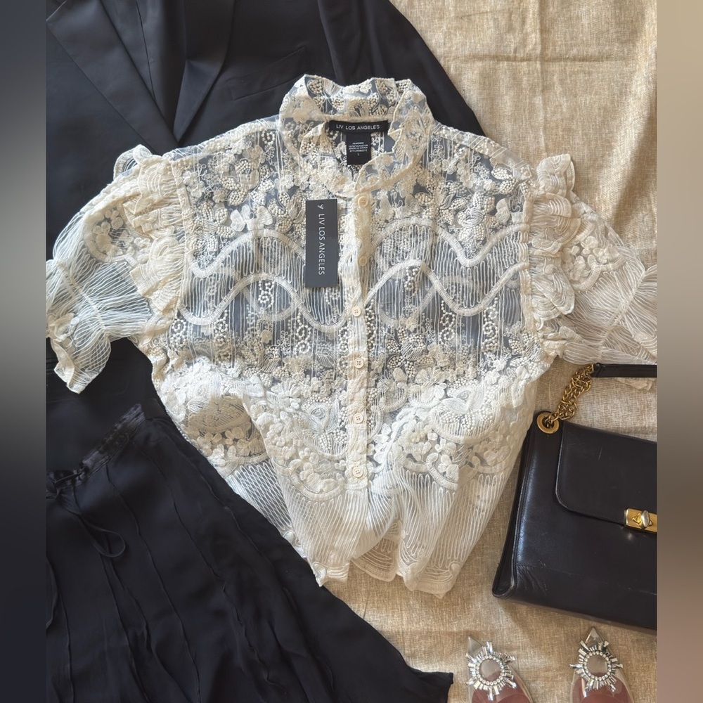 Cream Lace organza mesh Short-Sleeve embroidery Blouse